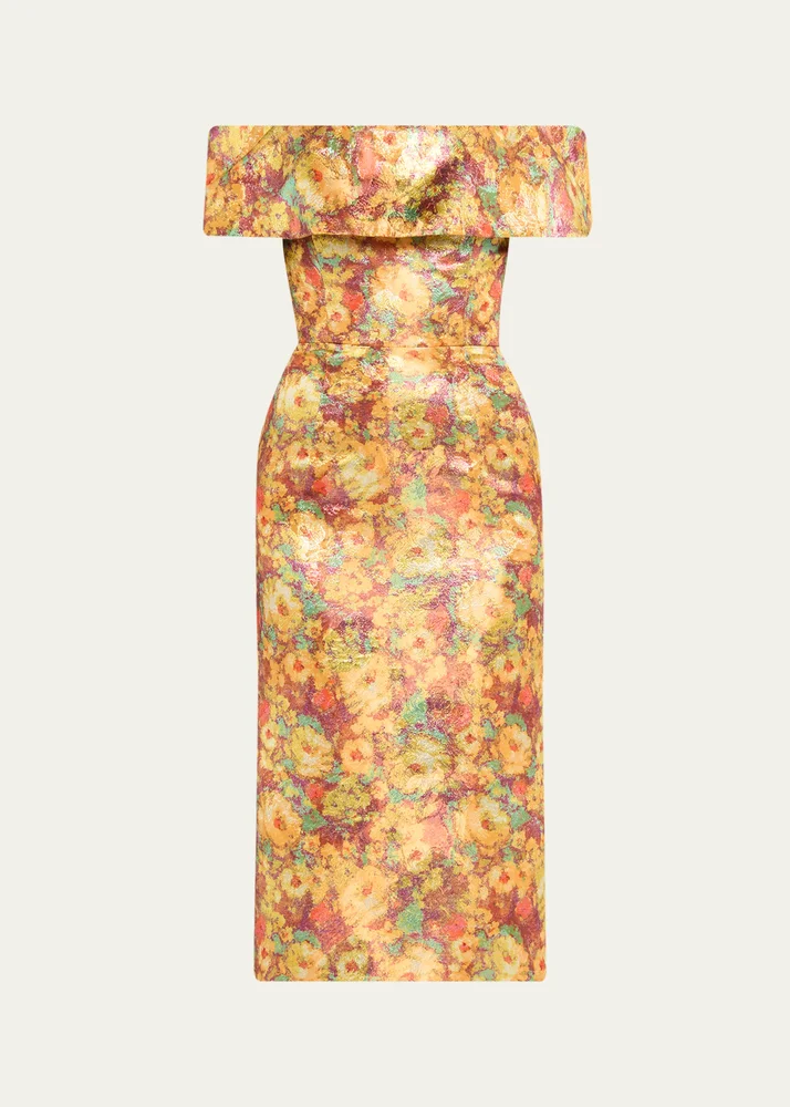 Gloria Metallic Floral Jacquard Off-The-Shoulder Dress