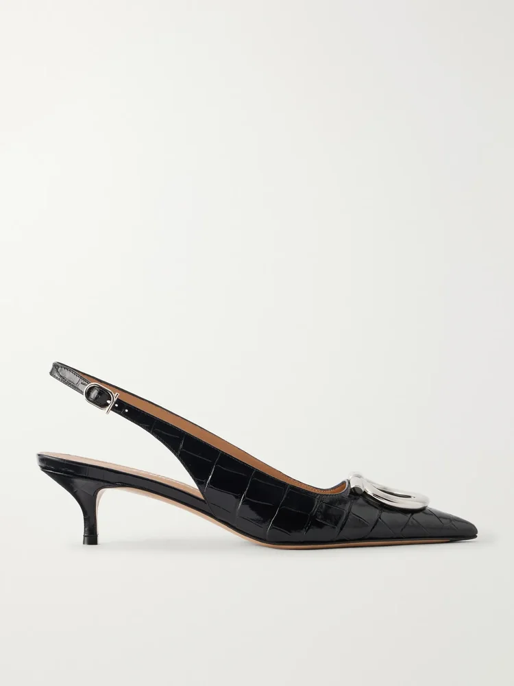 sara 40 embellished croc effect leather slingback pumps