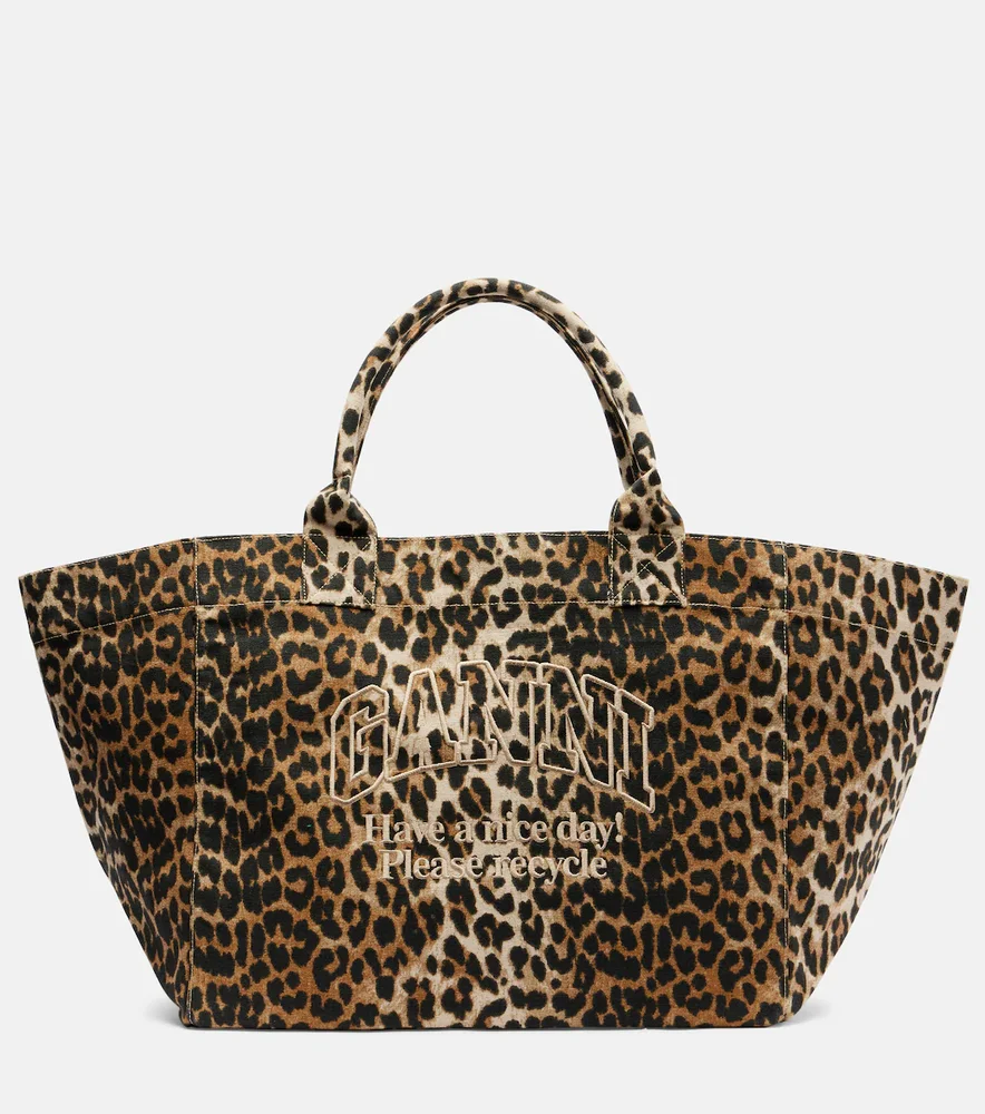 Large leopard-print canvas tote bag