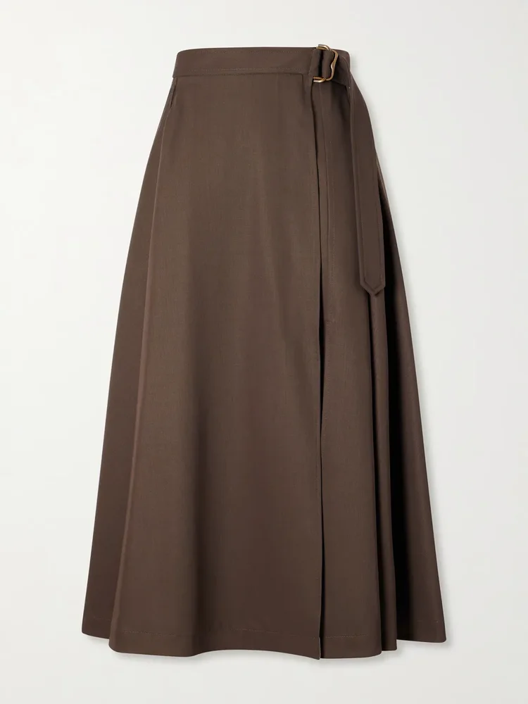 belted wool gabardine midi skirt