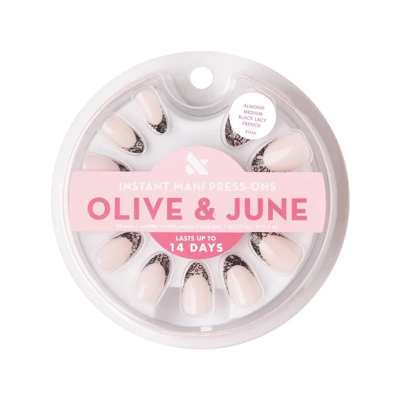 Press-On Fake Nails - M Almond - Black Lacy French - 42ct