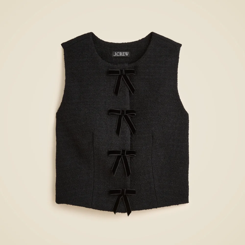 Tweed crewneck vest with velvet bows