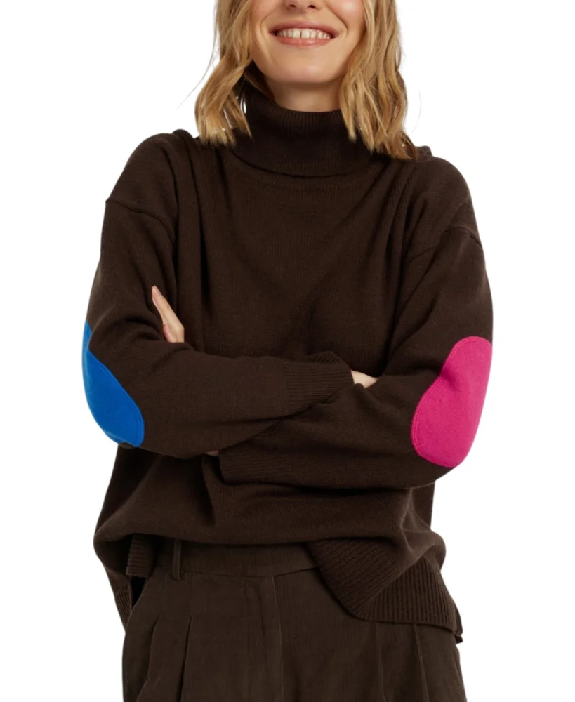 Women's Wool Cashmere Elbow Patch Rollneck Sweater