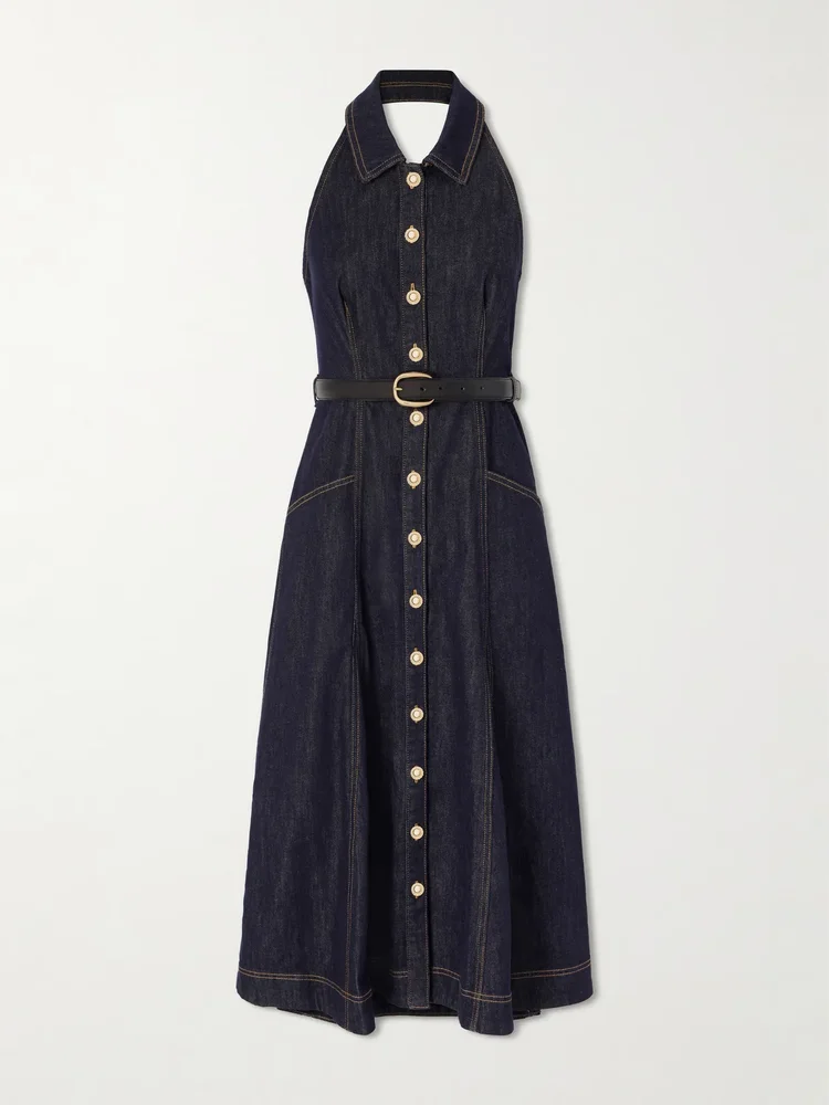 Belted halterneck denim midi dress