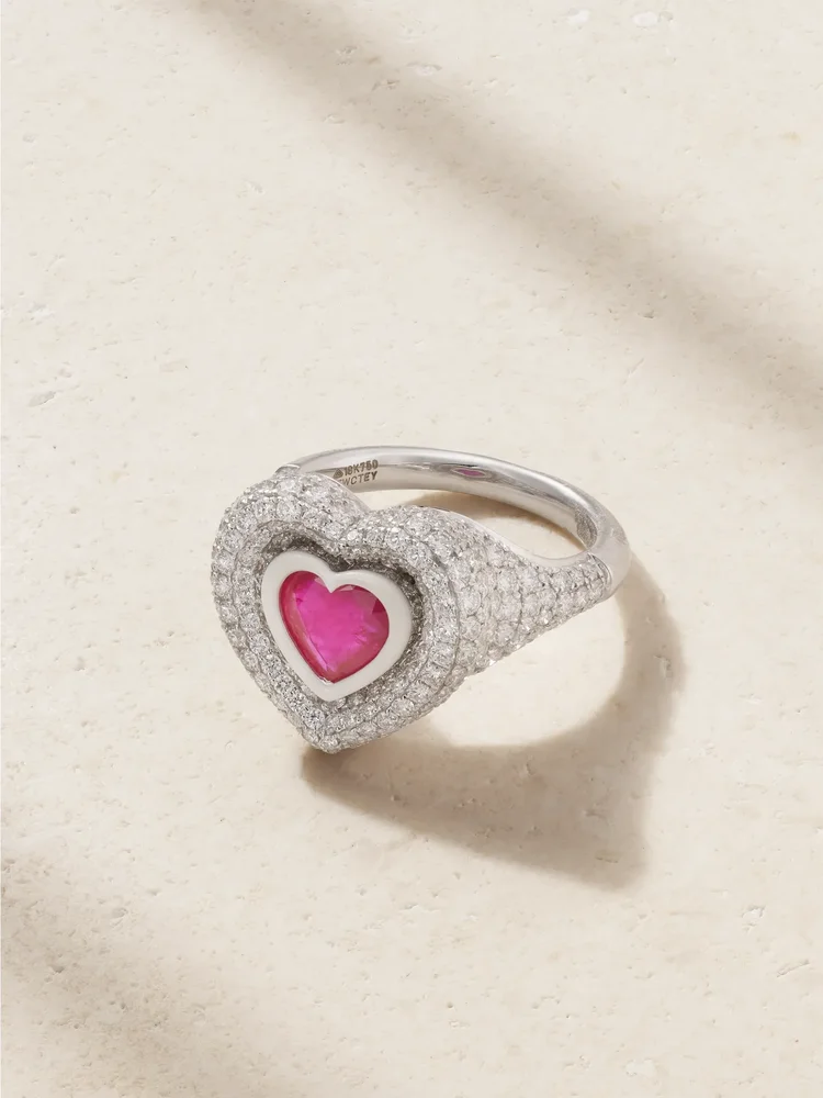 Manaal 2.0 18-karat white gold, diamond, ruby and enamel ring