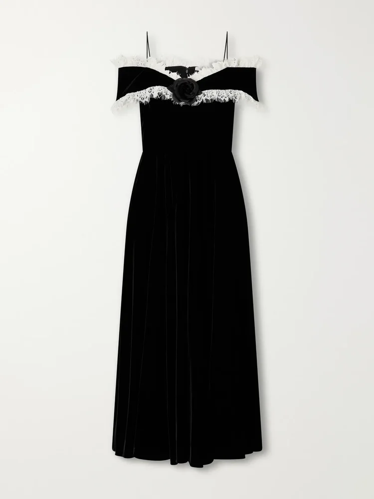 Off-the-shoulder lace-trimmed velvet midi dress