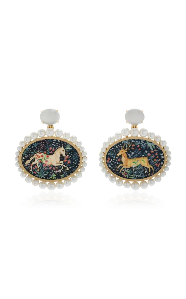 18k Yellow Gold Alchemical Wedding Miniature Painting Earrings