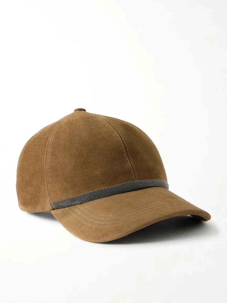 Monili-embellished suede baseball cap