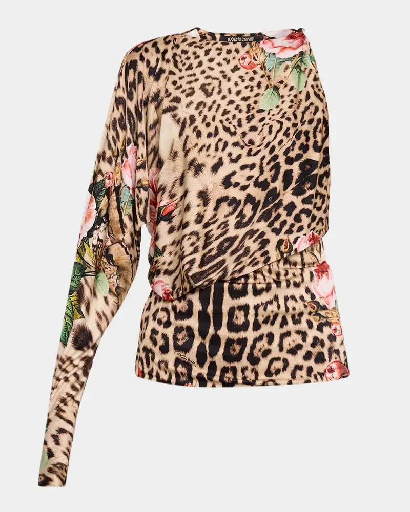 Floral Leopard Print Jersey Asymmetric Top