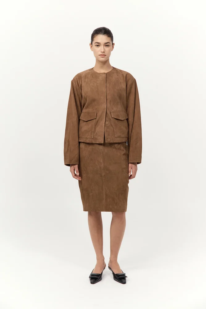Suede Utility Cocoon Bomber - Toffee