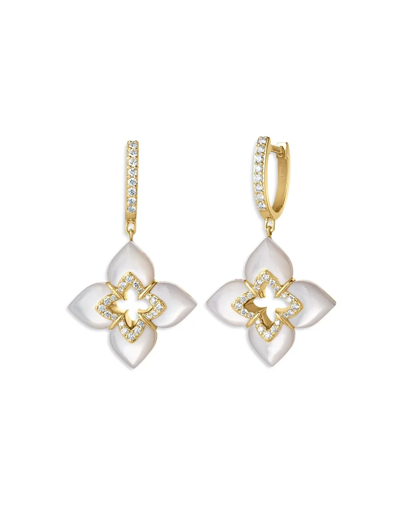 18K Yellow Gold Venetian Princess Cabochon Colored Stone & Diamond Flower Drop Earrings
