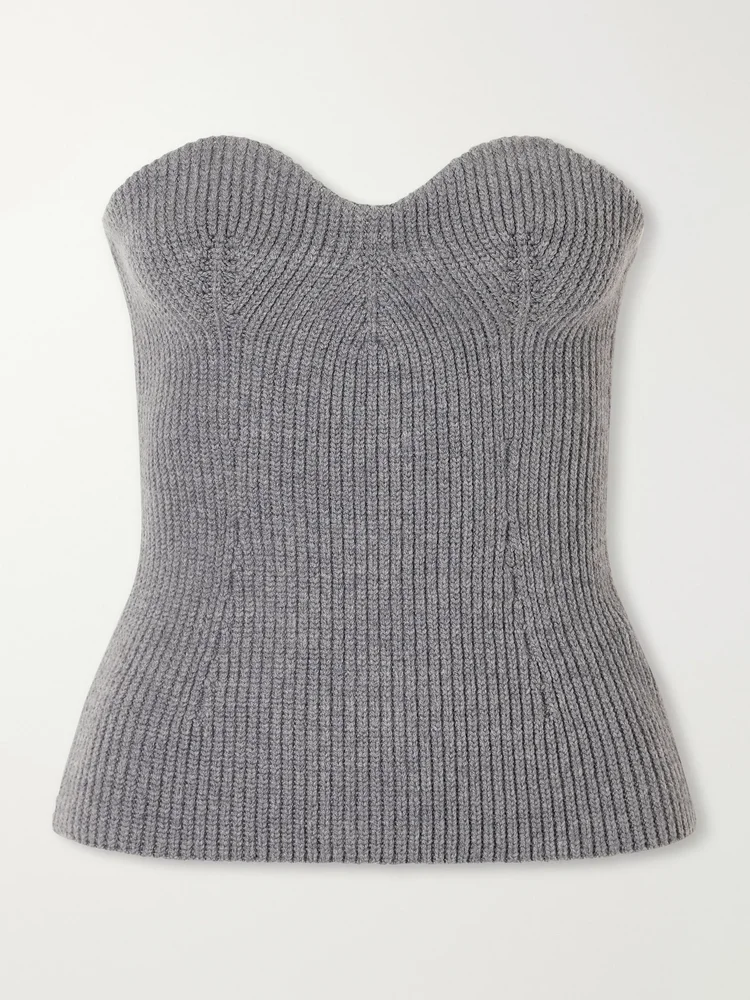 Strapless ribbed wool-blend bustier top