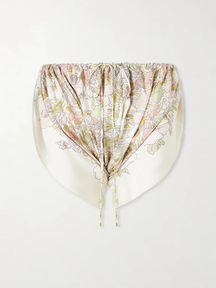 Ruched floral-print silk mini shorts