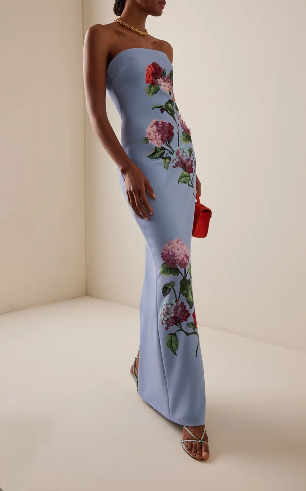 Strapless Hydrangea-Embroidered Column Gown