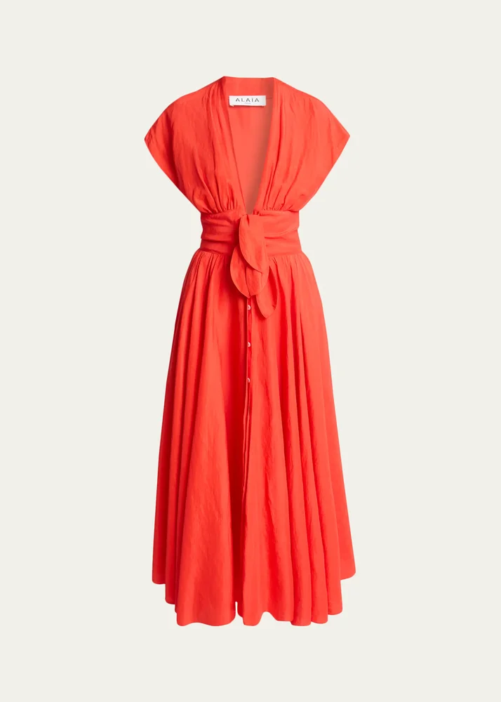 Plunging Belted Linen Midi Dress