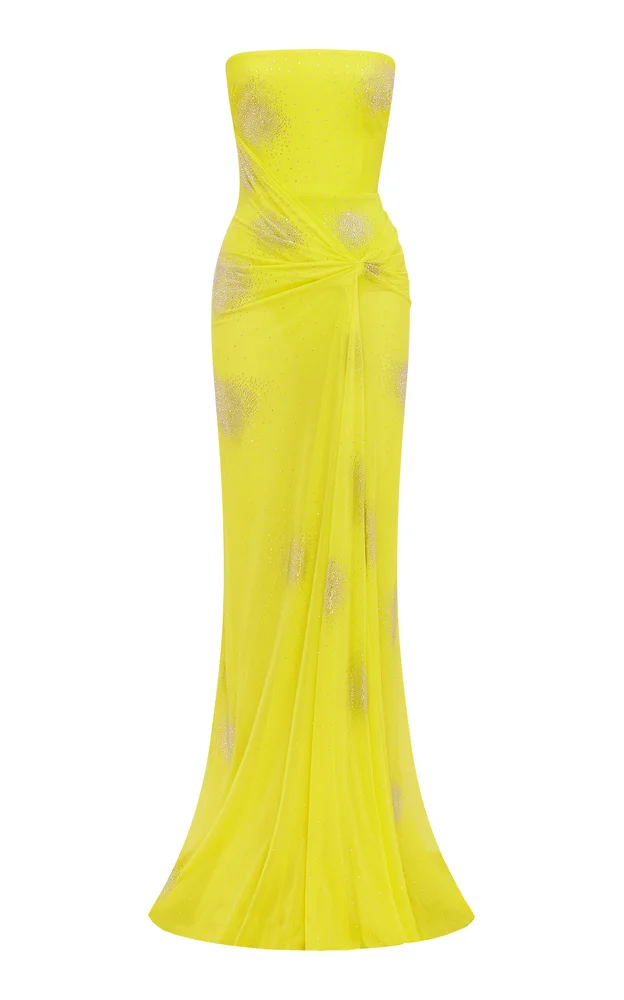 Strapless Draped Crystal Mesh Gown