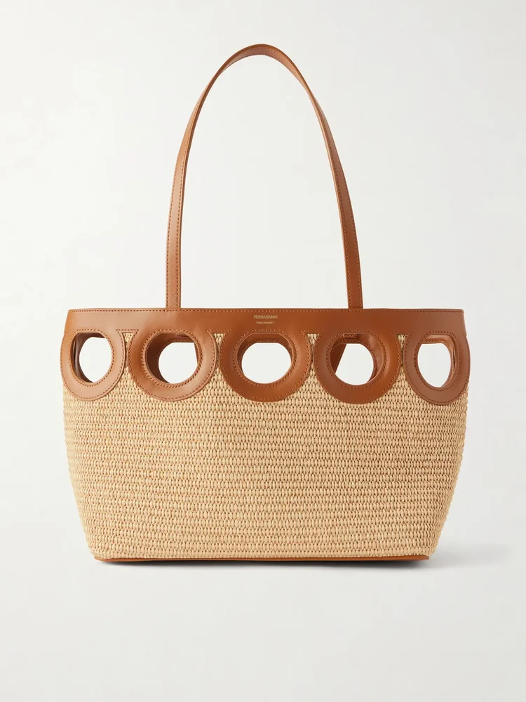 TT Gancio Small leather-trimmed raffia tote bag
