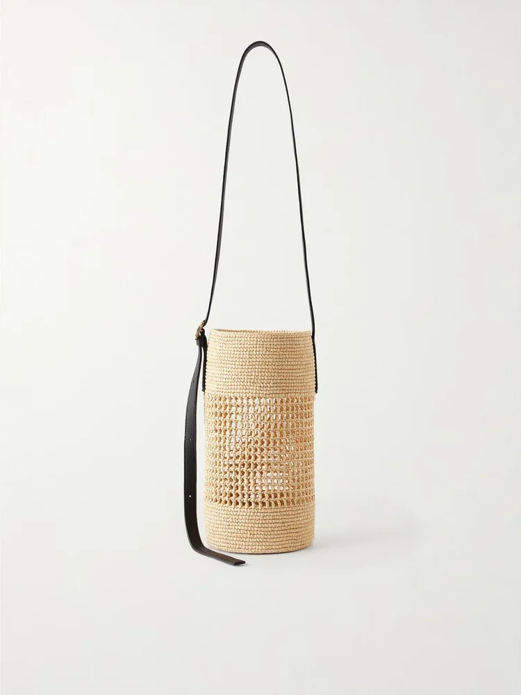 Billie small leather-trimmed raffia bucket bag