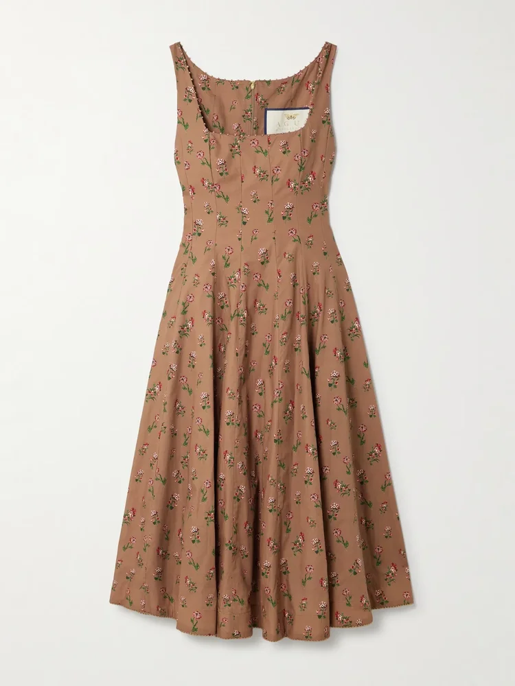 Frontera bead-embellished floral-print cotton midi dress