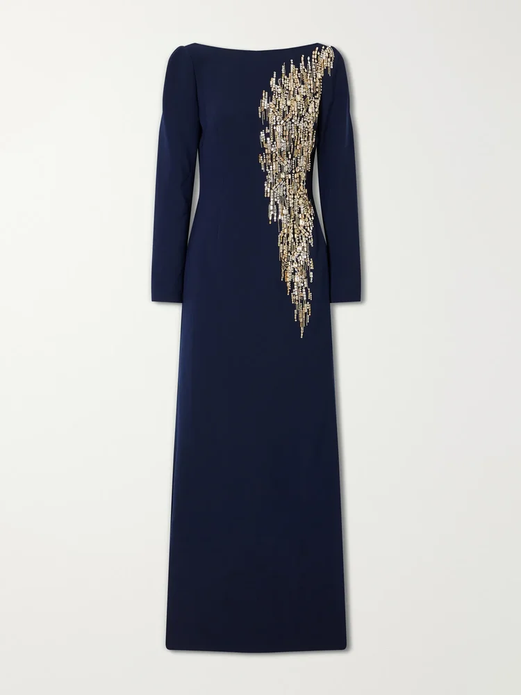 Avana crystal and bead-embellished crepe gown