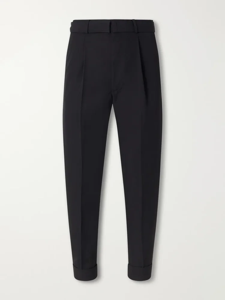 Hugo Tapered Pleated Belted Virgin Wool-Hopsack Trousers