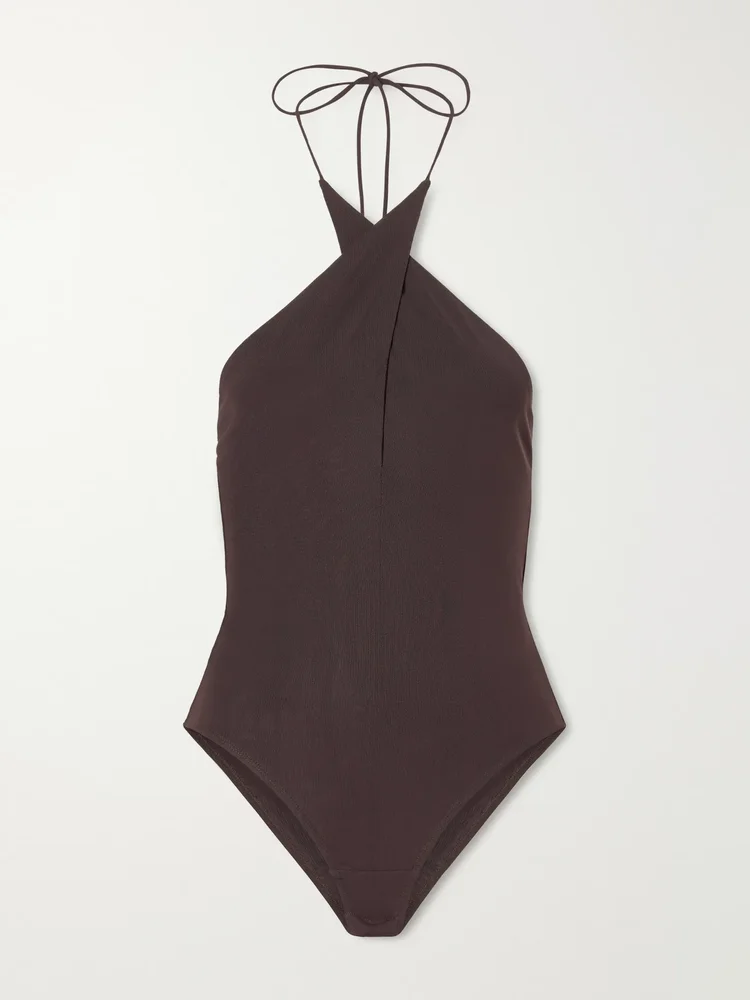Halterneck backless stretch-mesh bodysuit
