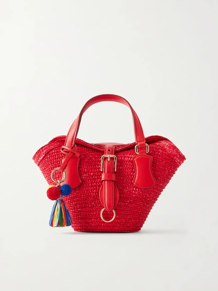 Coffa Capri mini embellished leather-trimmed raffia tote