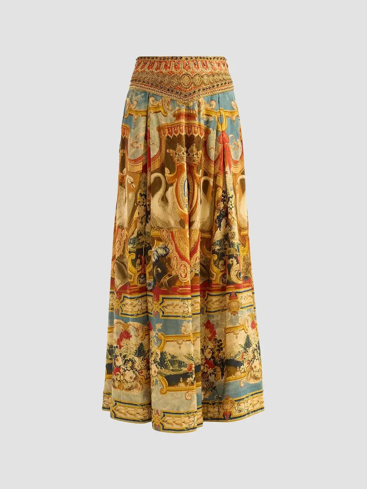 Corset Waist Linen-Silk Maxi Skirt
