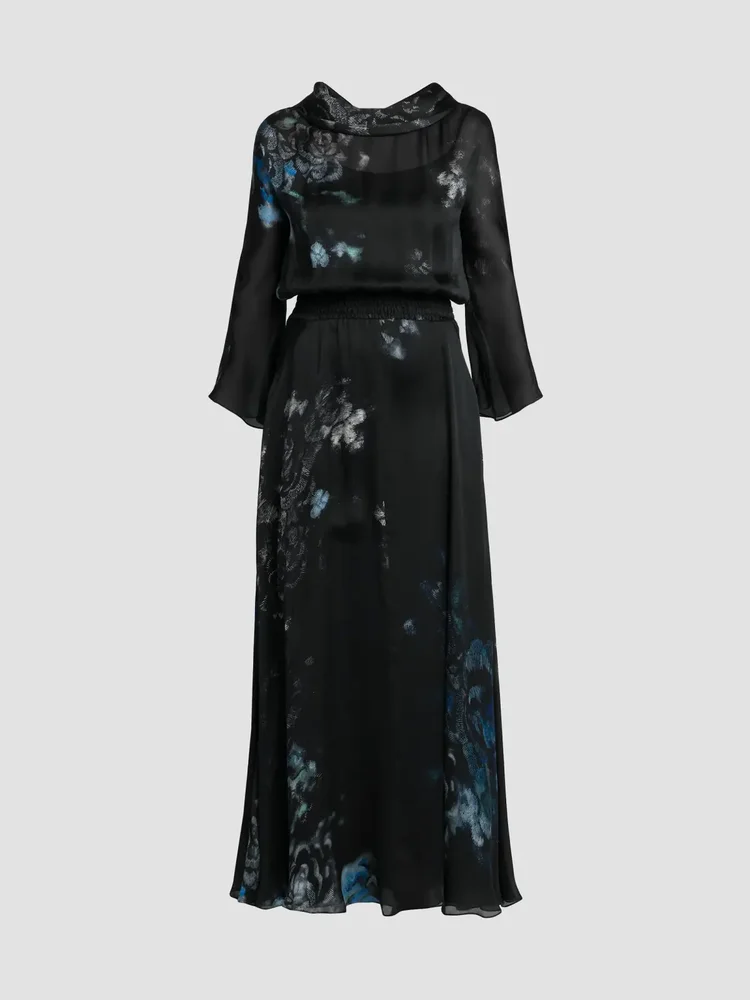 Floral Silk Long-Sleeve Maxi Dress