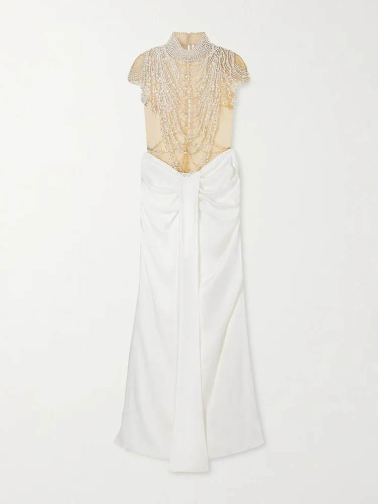 Zsa Zsa draped gathered embellished mesh and satin gown