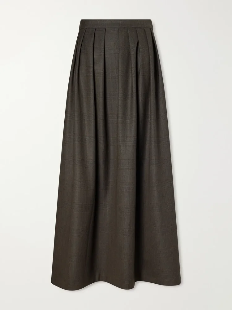 Pleated Prince of Wales checked herringbone wool midi skirt