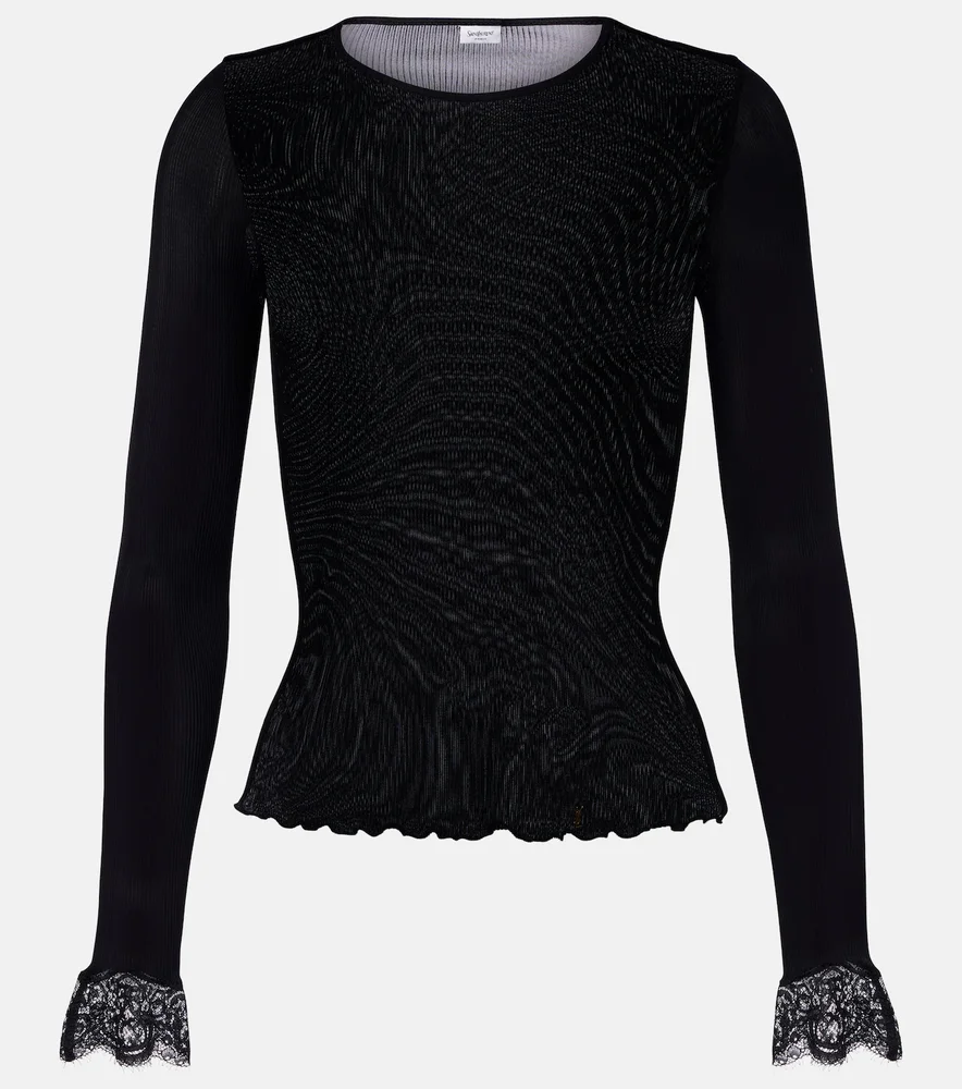 Lace-trimmed ribbed-knit silk top