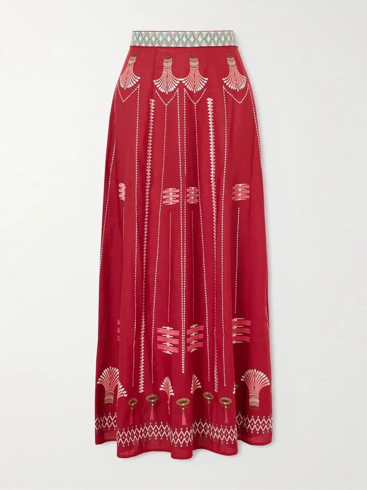 Embroidered linen and cotton-blend maxi skirt