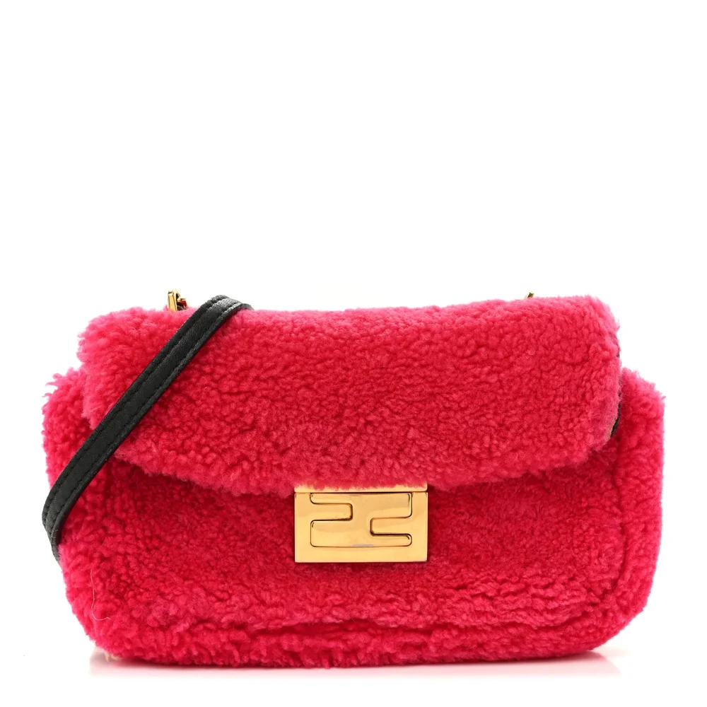 Pre-Owned Shearling Nappa Mini Be Baguette Shoulder Bag Fuxia Black