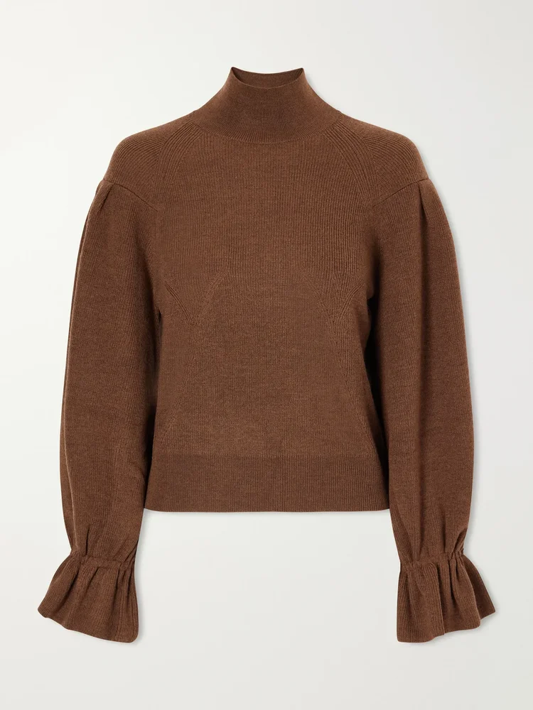 Camille ruffled ribbed-knit merino wool turtleneck sweater