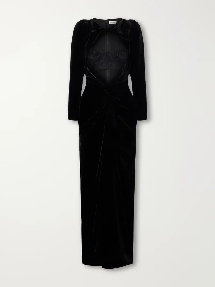 Open-front lingerie-detail gathered velvet maxi gown