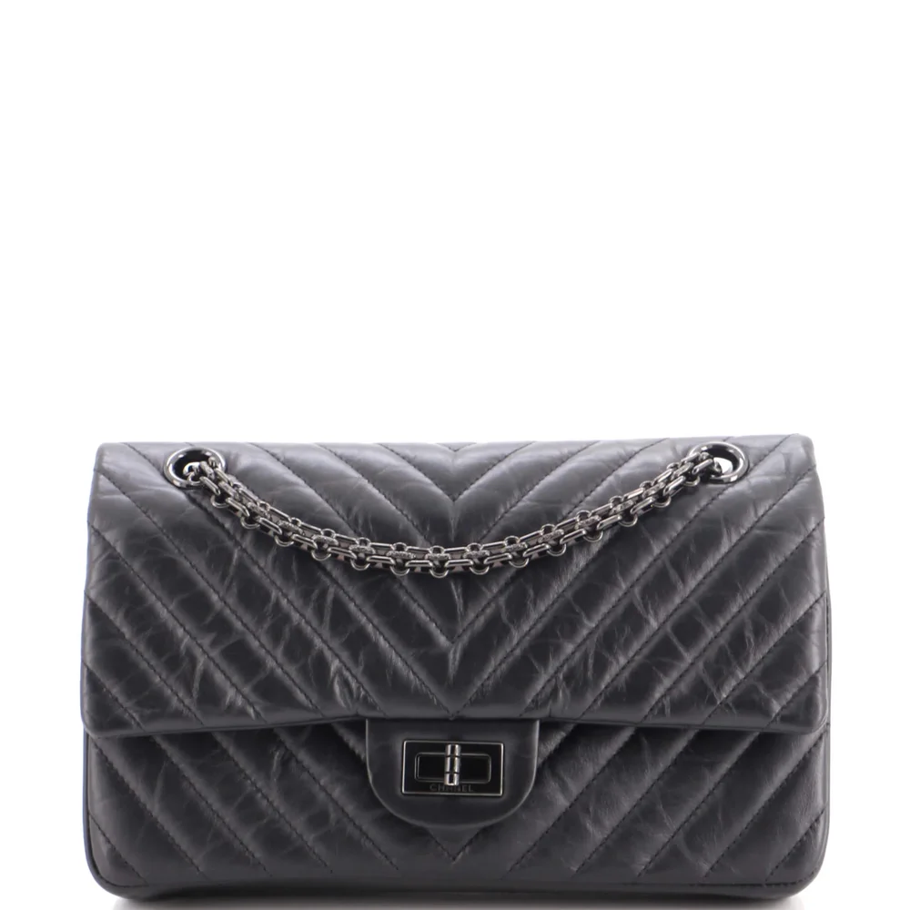 Pre-Owned Chanel So Black Reissue 2.55 Flap Bag Chevron Aged Calfskin 225