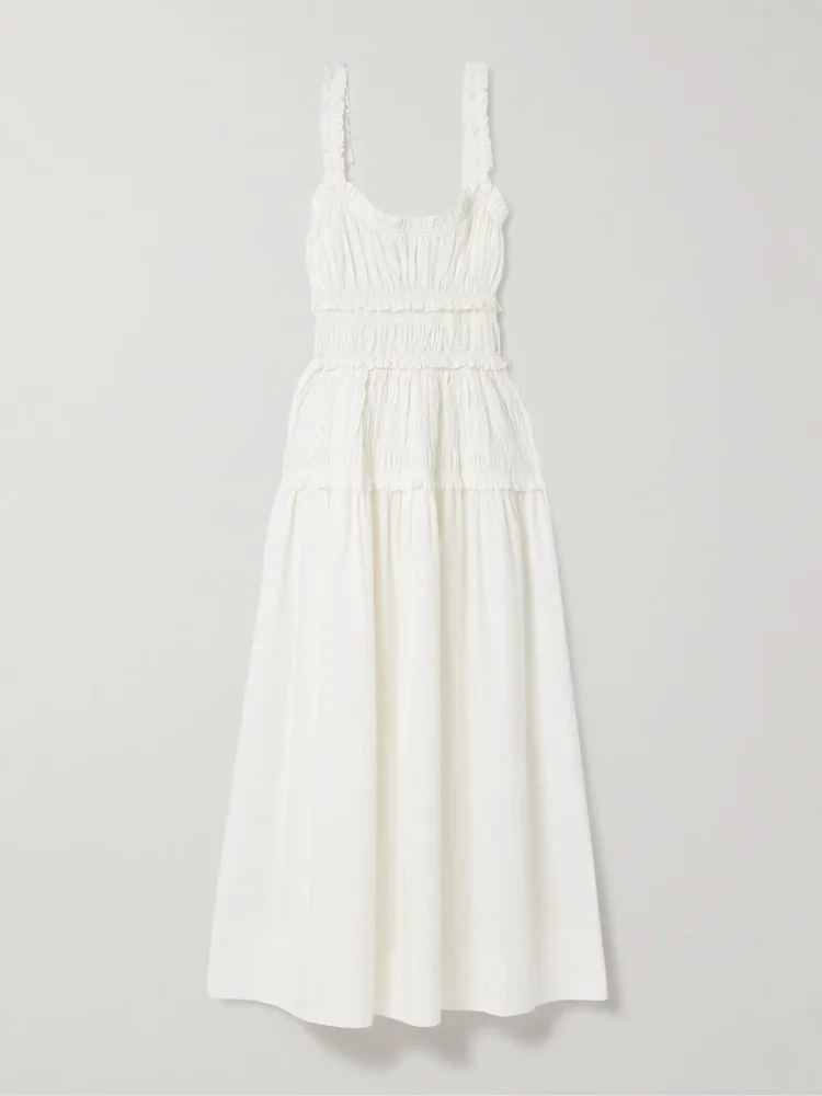 Marianne shirred organic cotton-poplin midi dress