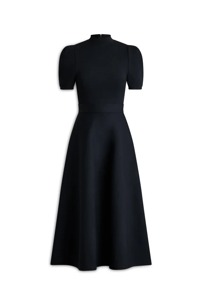 Crepe Knit Gather Sleeve Dress, Black