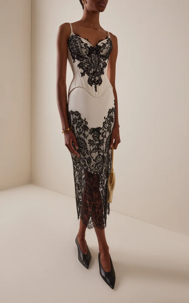 Exclusive Beaded Lace-Detailed Silk-Satin Midi Skirt