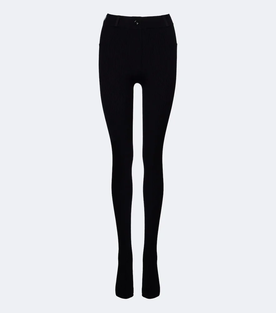 Leather-trimmed ribbed-knit leggings