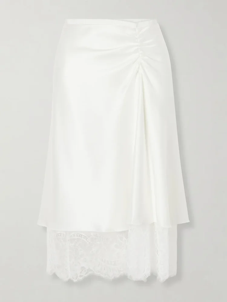 Ingrid layered gathered lace-trimmed satin midi skirt