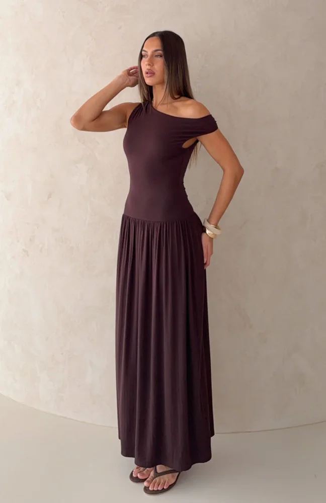 Off-Shoulder Long-Sleeve Maxi Dress in Chocolate Brown