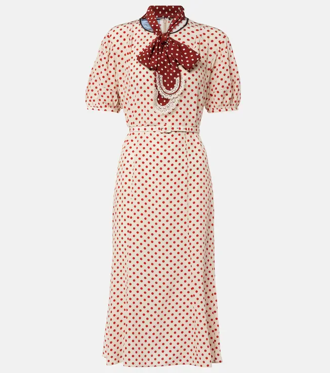 Scarf-detail polka-dot silk midi dress