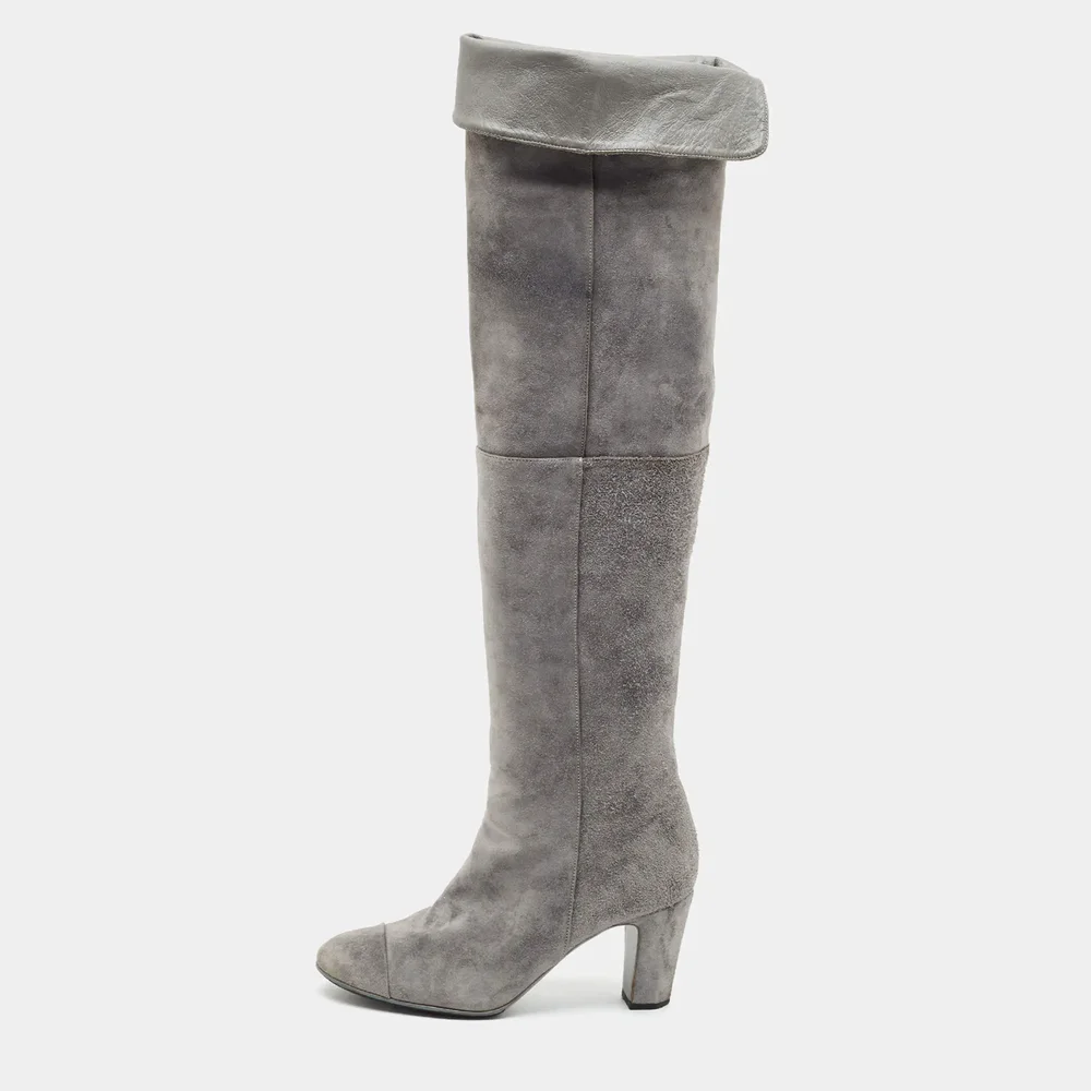 CC Size 38 Grey Suede Over The Knee Boots