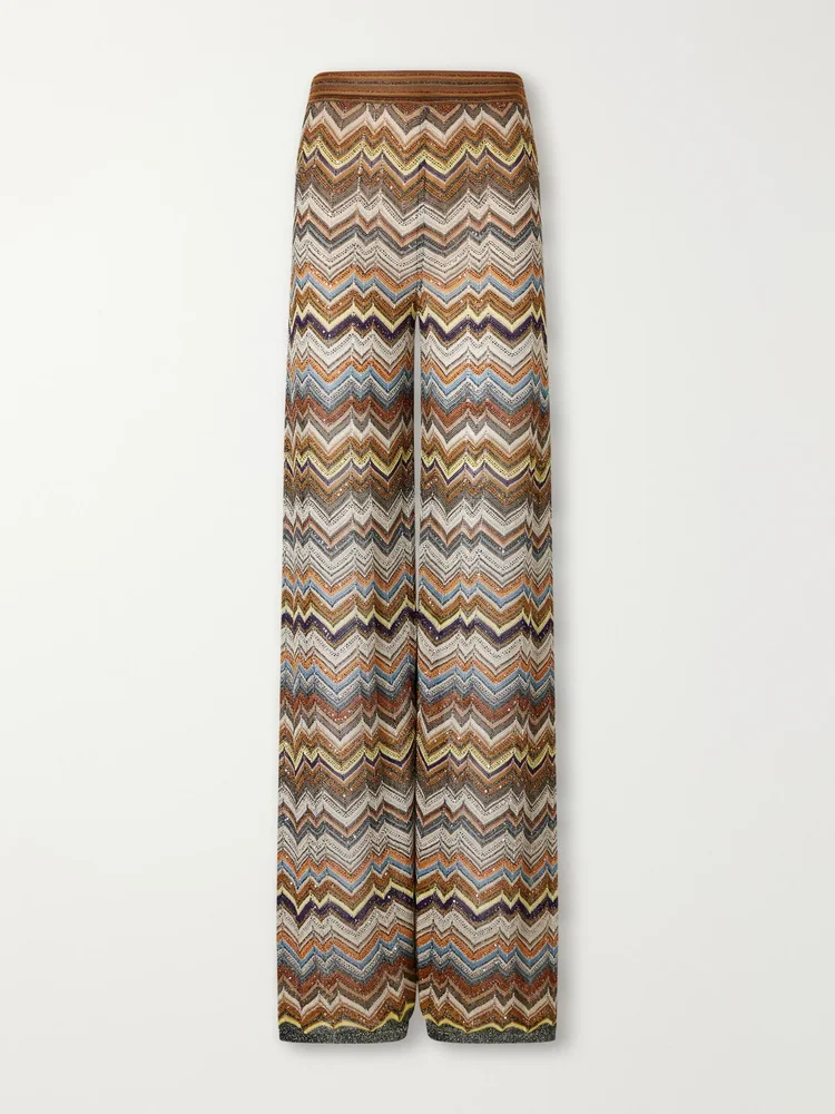 Sequined metallic crochet-knit wide-leg pants