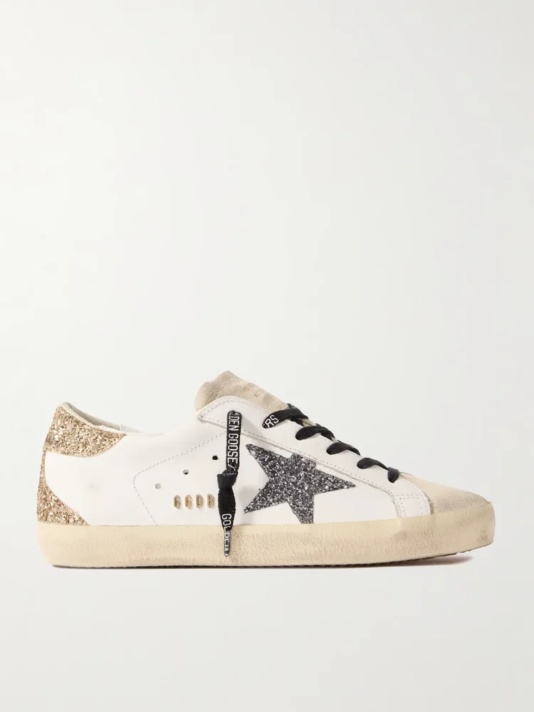 super star distressed suede trimmed glittered leather sneakers