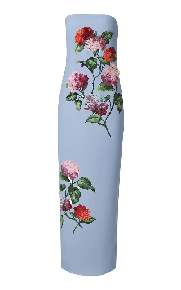 Strapless Hydrangea-Embroidered Column Gown