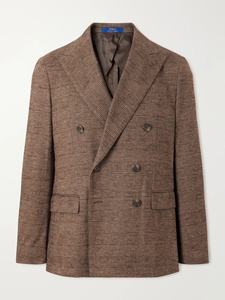Double-Breasted Prince of Wales Checked Woven Blazer