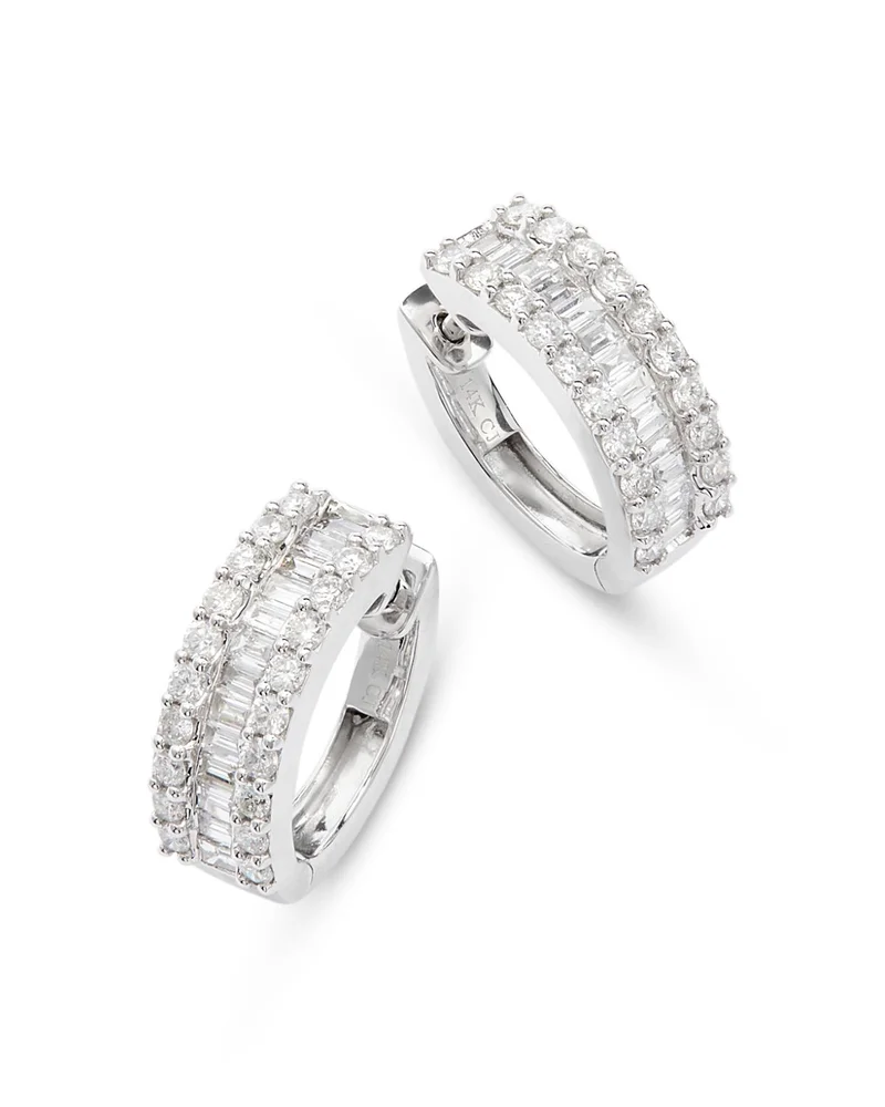 Diamond Baguette & Round Huggie Hoop Earring in 14K White Gold, 2.0 tcw